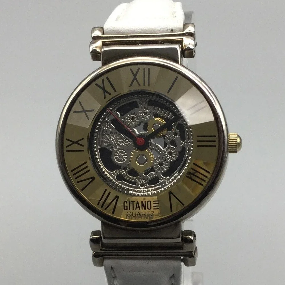 Vintage Gitano Womens Watch 30mm Skeleton Gold Dial White Leather New Battery